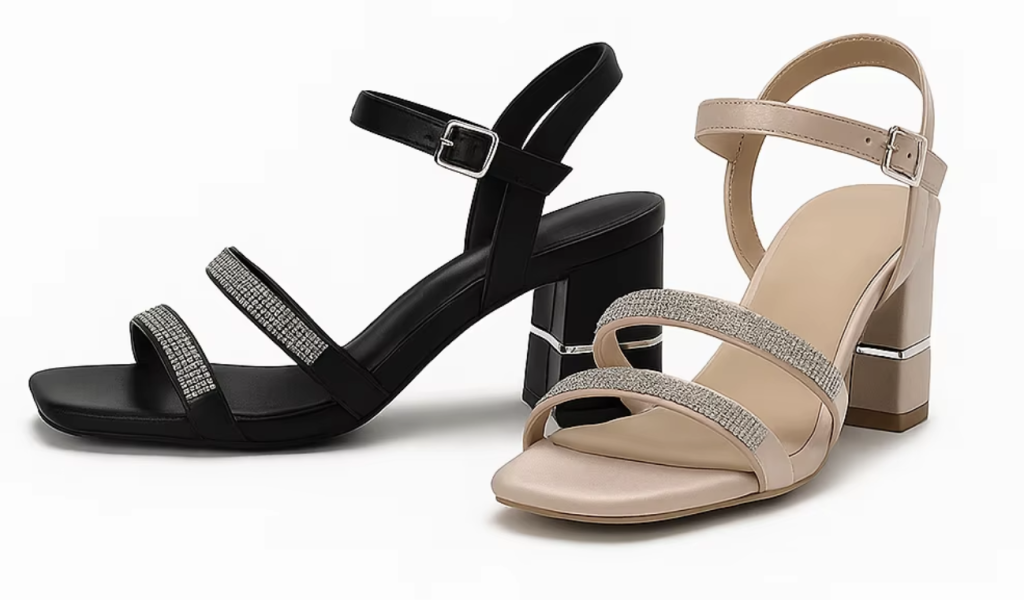 Elegant Square Toe Rhinestone Strap Block Heel Pumps